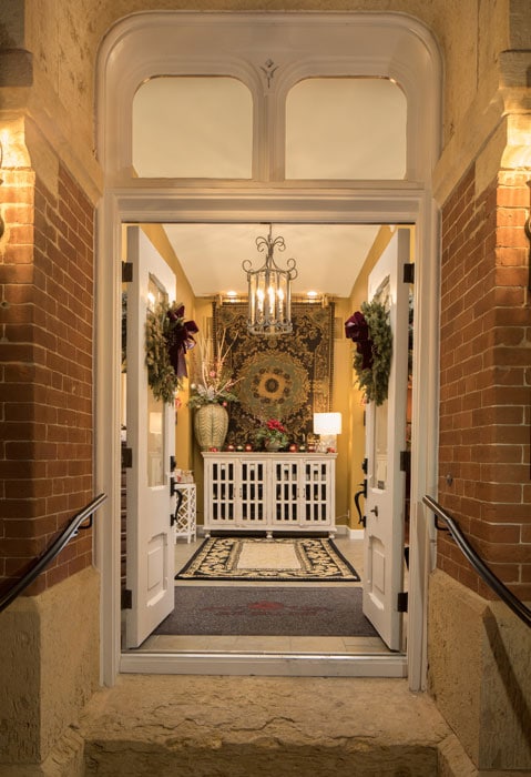 Jail Hill Inn, Galena, Illinois, Christmas Time entry with wreathes